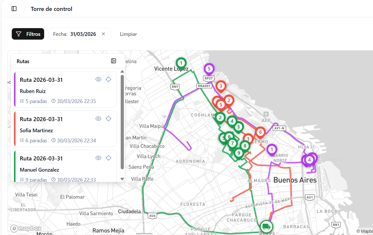 Torre de control con rutas y envíos en tiempo real